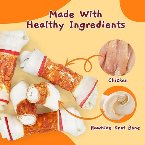 Jungle Calling Chicken Wrap Knotted Bones - 6.5" Pack of 4, Long Lasting Beefhide Treats for Large Dogs