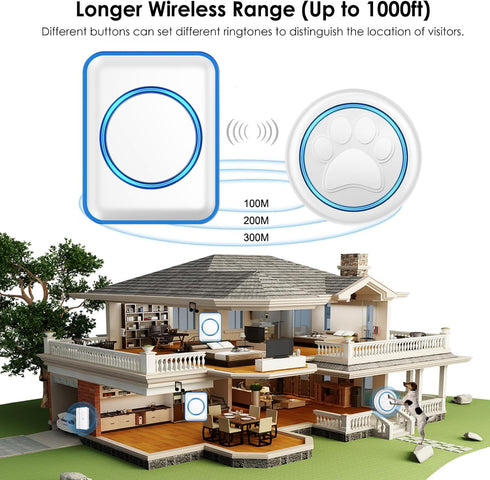 1000 Full House Dog Doorbell for Potty Training, Wireless Pet Doggie Door Bell Training to Go Outside, Waterproof Touch