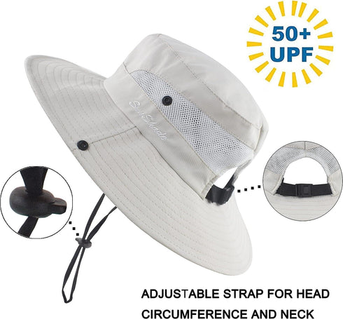 Women's Packable Summer Sun Hat, Wide Brim Outdoor UV Protection Bucket Hat with Ponytail Hole