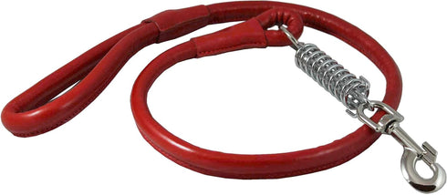 Round Genuine Rolled Leather Shock Absorbing Dog Leash, 3.5" Long, 1/2" Wide, Red for Large Breeds