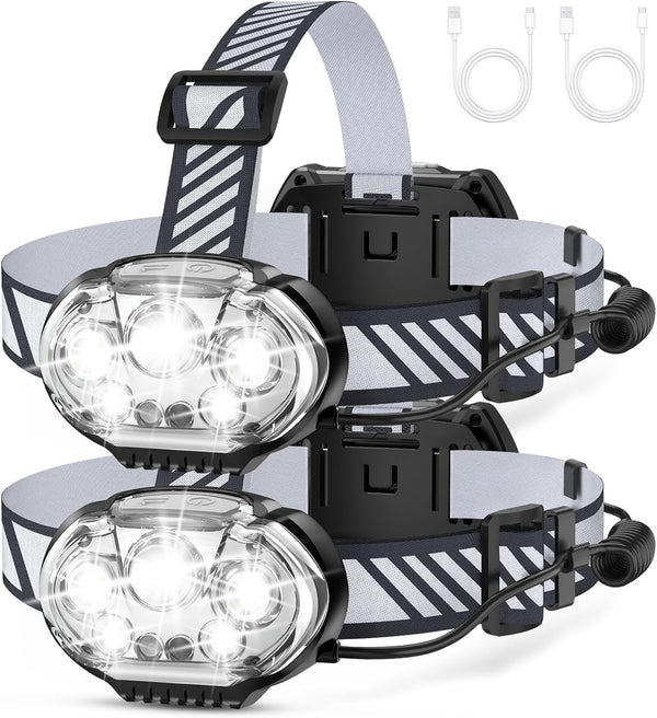 Rechargeable Headlamp, 20000 High Lumen 5 LED Head Lamp with Red White Light, IPX4 Waterproof for Outdoor Gear