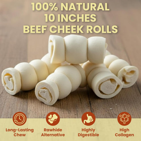 8 Pack 10 Inch Beef Cheek Rolls for Dogs Digestible Rawhide Alternative Chews, Long Lasting Dental Treats, Single