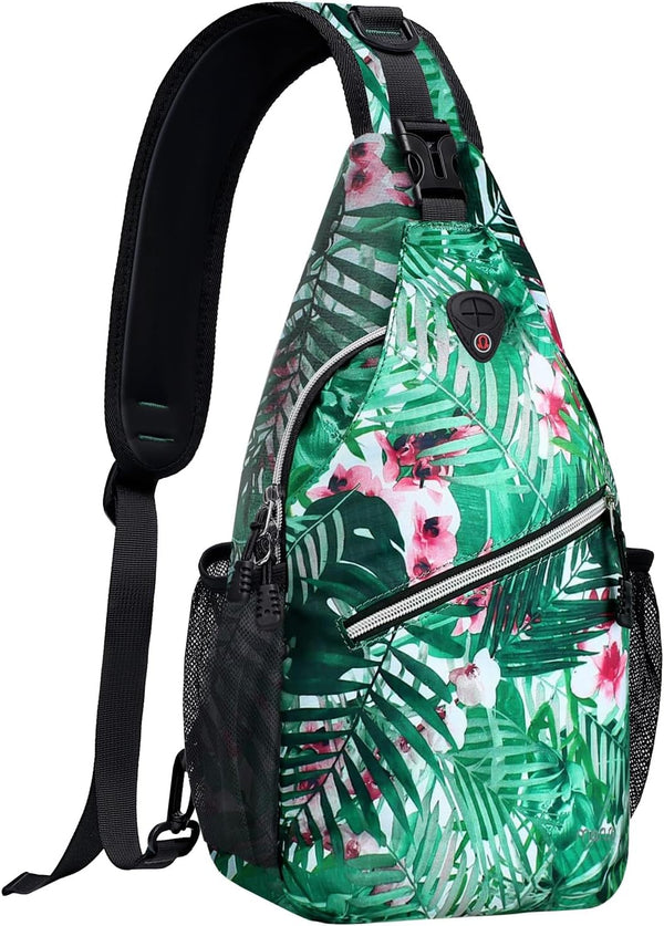 MOSISO Sling Backpack, Travel Hiking Daypack Pattern Rope Crossbody Shoulder Bag, Palm Leaf Flower Design