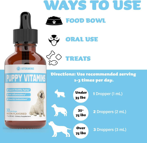 Puppy Vitamins, Liquid Puppy Supplements for Small Dogs, Large Breed Multivitamin, Bacon Flavor, 1 fl oz