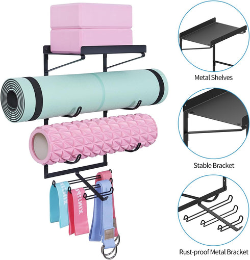 Yoga Mat Holder Wall Mount, 3 Sectional Yoga Mat Storage Rack with 7 Hooks for Foam Roller and Resistance Bands