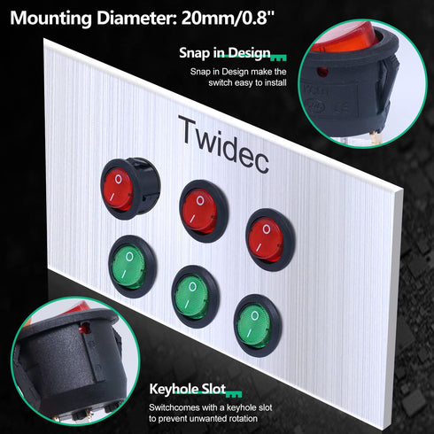 Twidec 6Pcs Round Rocker Switch AC 6A 125V, 10A 250V SPST Toggle KCD1-5-101NRG with LED Light