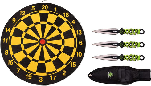 Z Hunter Throwing Knife Set and Target Board - Set of 3 Knives, Black/Satin Steel Blades w/Bio Hazard Graphic, Green Cord Wrapped Handles, Full Tang, Target Board and Nylon Sheath - ZB-155SET, 6" by Z-Hunter