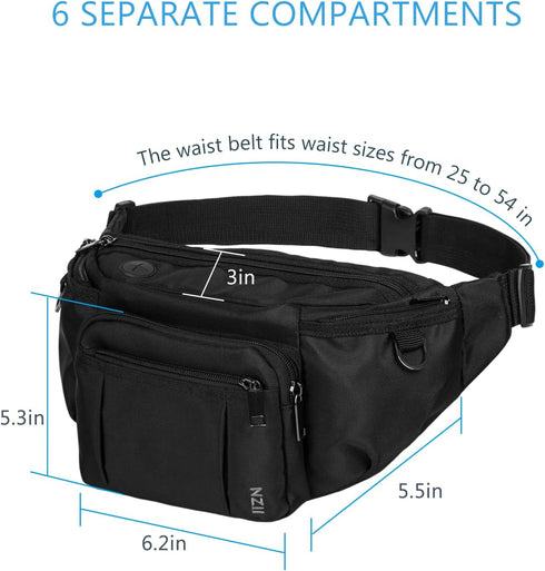 Sports Fanny Pack for Men Women - Outdoor Waist Pack Bag with 6 Zipper Pockets, Adjustable Belt for Traveling