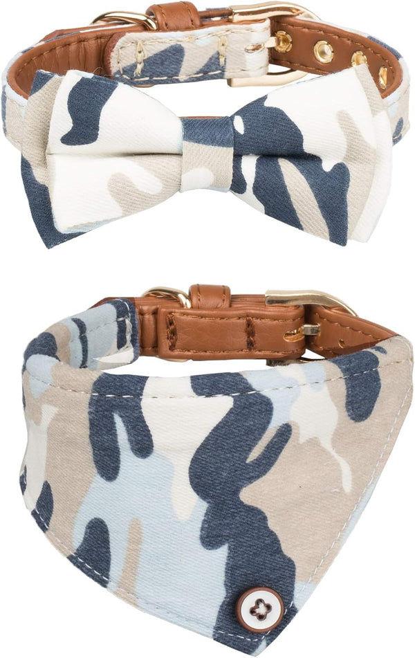 Small Dog Collar Puppy Cat Tiny Pet Bow Tie & Bandana Set, 2pcs PU Leather Canvas Scarf, Durable Camo-Blue