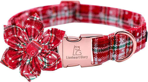 Lionheart Glory Christmas Plaid Dog Collar, Adjustable Soft Comfortable Flower Collar for Medium Dogs, Pet Gift