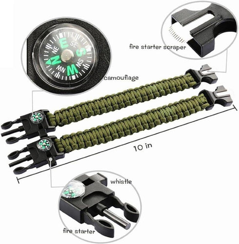 MQQC Kissmi 10 Pack Paracord Bracelet - Survival Gear with Compass, Fire Starter, Whistle for Camping/Hiking