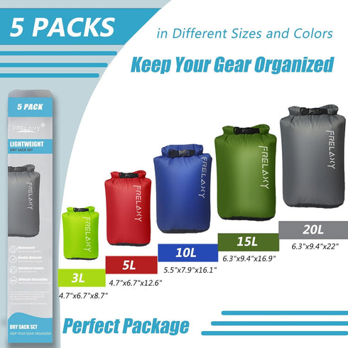 Frelaxy Dry Bag 3-Pack/5-Pack, Ultralight Outdoor Bags to Keep Gear Dry for Hiking, Kayaking, Camping