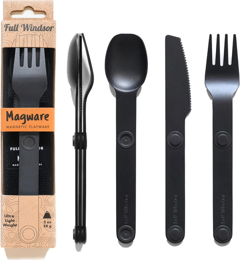 FULL WINDSOR MAGWARE Magnetic Camping Cutlery Set, Travel Silverware with Case, Black, 3 PCS