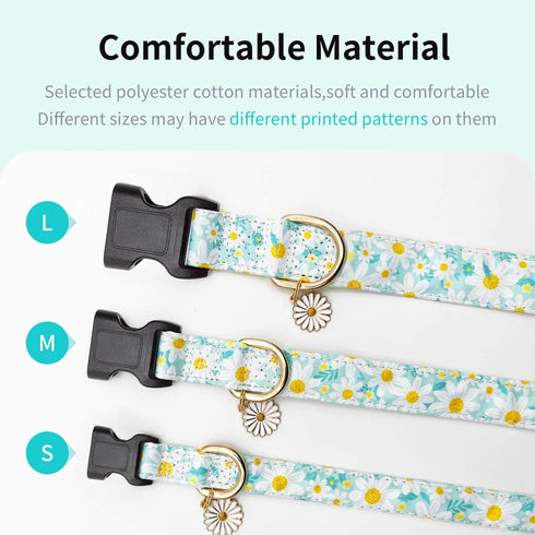 Adjustable Dog Collars with Buckle, Soft Fancy Flower Design for Cute Girl Boy Dogs, Small Medium Large (Cyan-Daisy)