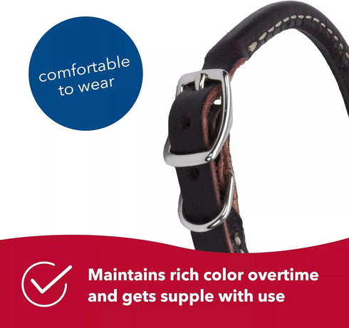 Coastal Pet Circle T Oak Tanned Leather Round Dog Collar, Black, 5/8" x 16" - Comfortable for Long Hair Pets