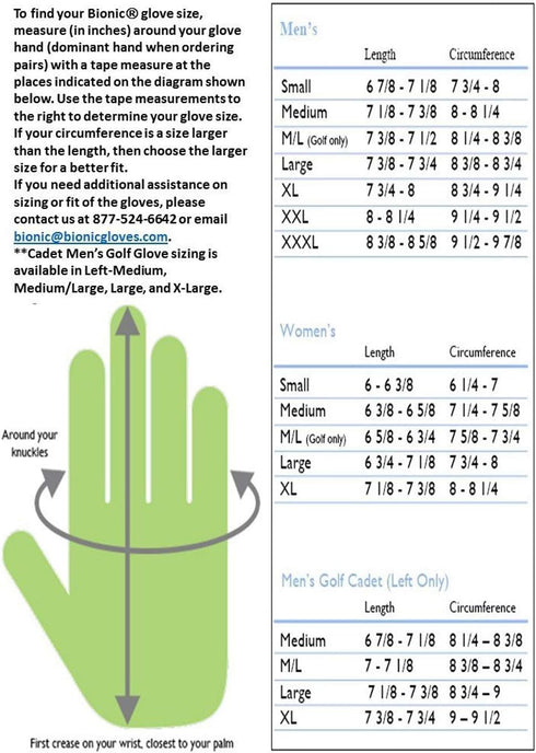 New Improved 2X Long Lasting Bionic RelaxGrip Golf Glove, Men's Cadet ML, Patented Double-Row Finger Grip System