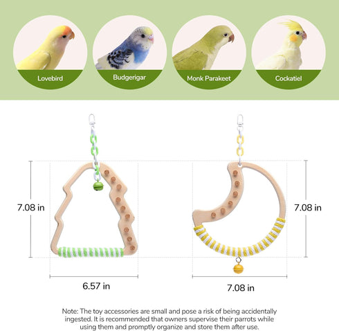 Natural Bird Swing - Moon-Shaped Parrot Perch with Bell and Cork Toys, Spinning Wooden Stand for Parakeets, Budgies