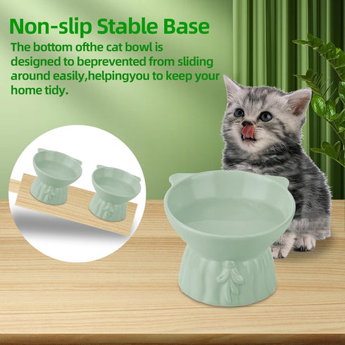 Elevated Ceramic Cat Bowls, 2Pc Extra Wide Raised Shallow Food and Water Dish, Whisker Friendly, Anti Vomit, Microwave