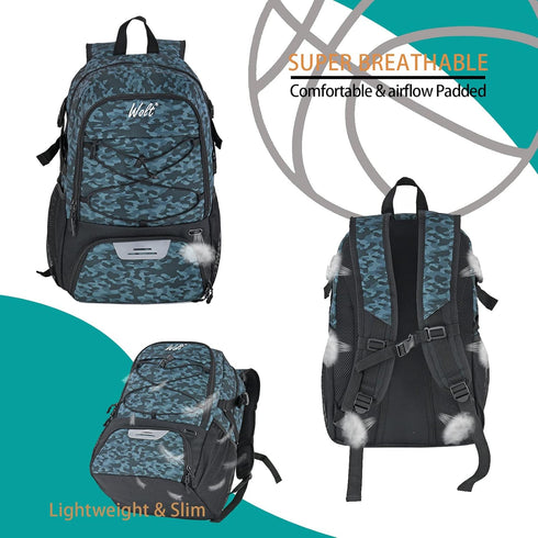 WOLT Basketball Equipment Backpack - Large Sports Bag with Separate Ball Holder & Shoes Compartment (Camouflage Grey)