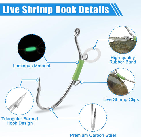 Luminous Live Shrimp Hooks, High Carbon Steel Barbed Hooks with Night Light Saltwater Freshwater Shrimp Walker