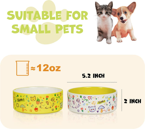 Cute Small Dog Bowl Set - Ceramic Water and Food Bowls for Small Pets, Heavy Cat Bowls, Dishwasher Safe, Green & White