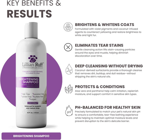 B5 16oz+Brush Lillian Ruff PRO Formula Ultra Brightening Dog Shampoo - Professional Whitening & Long-Lasting Odor