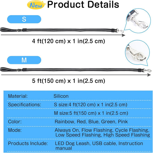LED Dog Leash with 12 Lighting Modes, 4 Ft Rechargeable Lighted Leash for Night Walking Safety for All Dogs