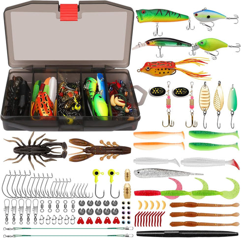 GOTOUR Fishing Lures Accessories Kit with Tackle Box, Fishing Hooks Minnow Crankbait Frog Popper Lure Worm Fishing