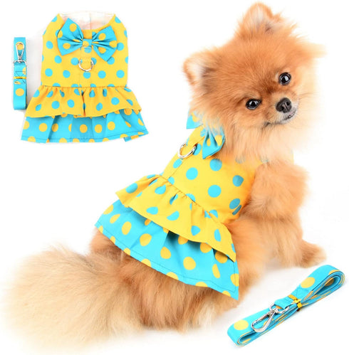 Dog Harness Dress for Small Medium Dogs, Polka Dots Tutu Skirt with Leash, Spring Summer Yellow XL Apparel