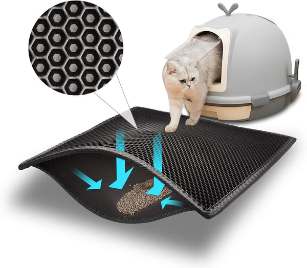 Pieviev Cat Litter Mat - Double Layer Waterproof Trapping Mat 1 Pack (Black, 24x15 Inch)