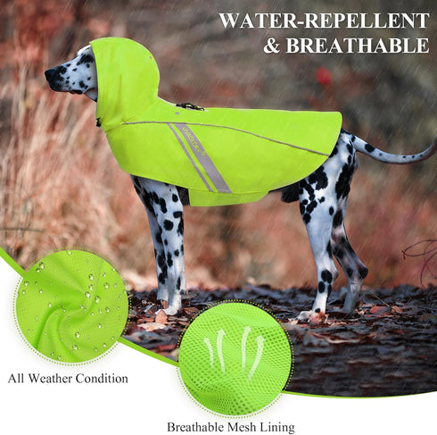 VIVAGLORY Dog Raincoat for Large Dogs, Easy on & Off Pet Rain Clothes, Reflective Lightweight Breathable Dogs Safety Vest Jackets for Adventures, Walking, Hunting, Bright Yellow