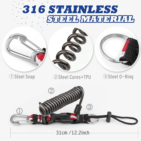 Scuba Diving Lanyard, Heavy Duty Stainless Steel Spring Coiled with Quick Release Buckle and Dive Flag Webbing Strap