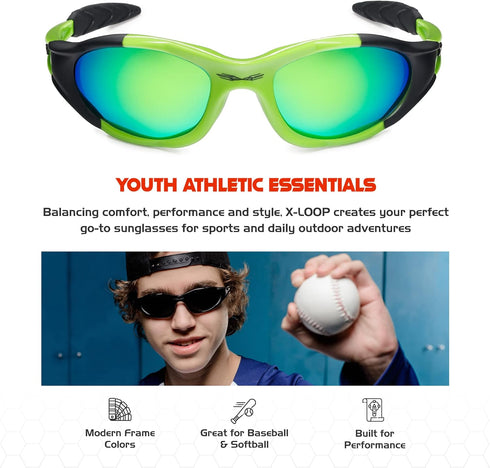 X LOOP Youth Sports Polarized Sunglasses for Boys, Kids, Teens Age 8-16, Baseball Wrap Around