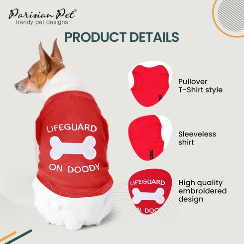 Parisian Pet Dog Tshirt, "Lifeguard on Doody" Embroidered, Red, Pure Cotton, XL3, Machine Washable