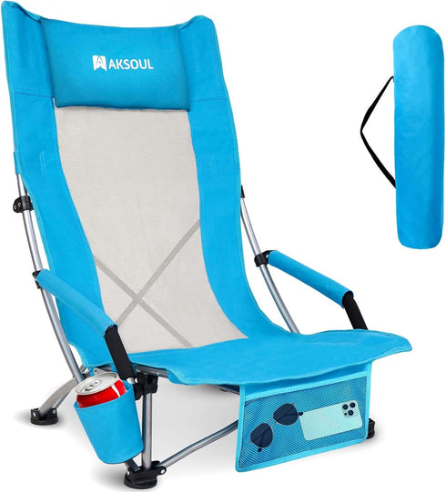 AKSOUL Folding Beach Chair for Adults: Low/High Back Chairs with Carry Bag