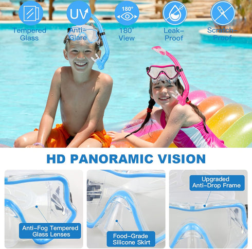 Kids Snorkeling Set with Adjustable Flippers, Panoramic Snorkel Mask, Dry Snorkel Tube, Travel Bags for Ages 5-14