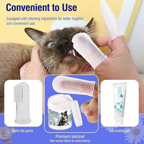 Pet Teeth Cleaning Finger Wipes for Dogs & Cats, No-Rinse Disposable Gentle Cleaning Wipes for Plaque and Tartar, 50