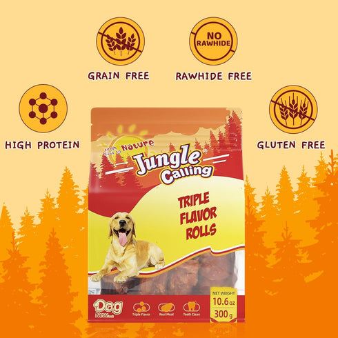10.6 oz Jungle Calling Triple Flavor Rolls Dog Treats, Made with Real Chicken Duck Beef Meat, Rawhide Free Dogs