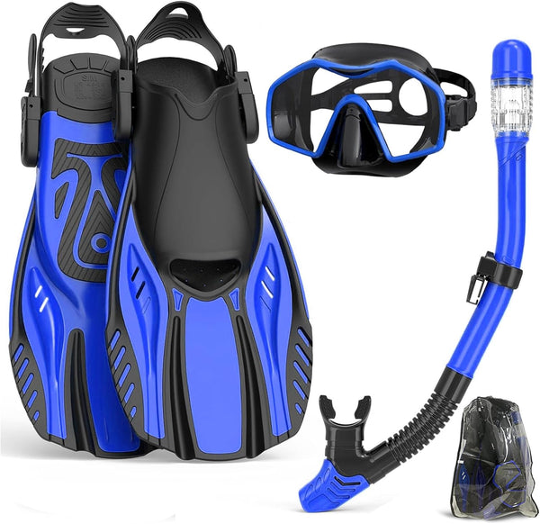 Snorkeling Gear for Adults,Mask Fins Snorkel Set,Panoramic View Diving Mask Anti-Fog,Dry Snorkel,Adjustable