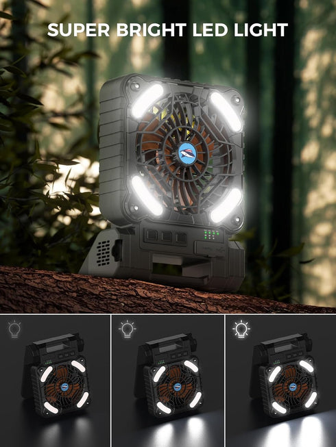 Smiling Shark Camping Fan with LED Lantern, 12000 mAh Solar Rechargeable Portable 90° Foldable Camp Fan