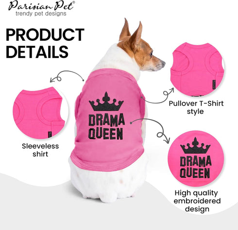 Parisian Pet Dog T-shirt, Embroidered “Drama Queen” Tank Top, Sleeveless Pink Tee, Large