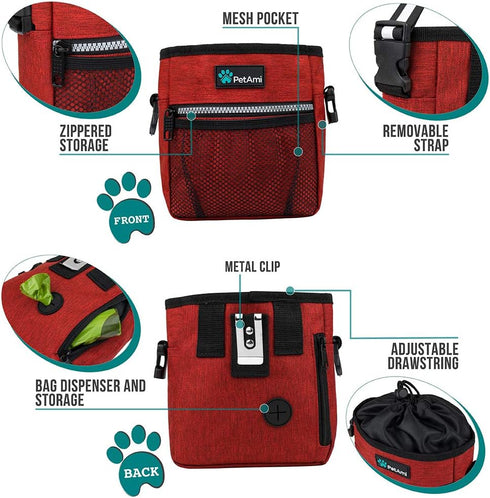 PetAmi Dog Treat Pouch, Training Bag Holder for Kibbles, Poop Bag Dispenser, 3 Ways to Wear (Red)