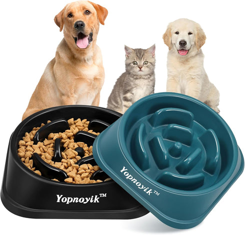 2PCS Slow Feeder Dog Bowls, Anti-Slip Maze Puzzle Feeding Bowls for Small and Medium Dogs and Cats (Black Navy Blue)