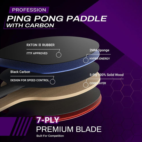 KINGFEEL 7-Ply 2.0mm Professional Ping Pong Paddles-Lightweight Carbon Fiber Table Tennis Rackets with Blade, Premium