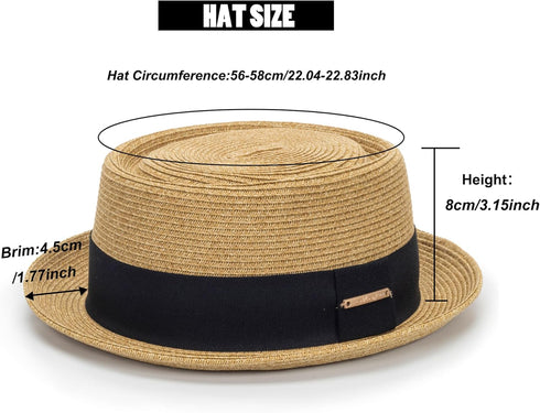 Women's 1920s Pork-Pie-Sun-Hat - Summer Straw Fedora Beach Sun Hat Boater Derby Cap with Band(M/L)