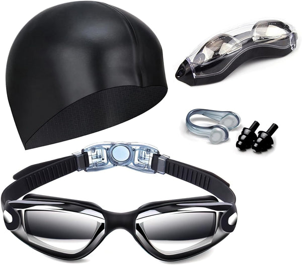 Swim Goggles for Men Women - No Leaking with Nose Clip, Earplugs, Swim Cap and Case