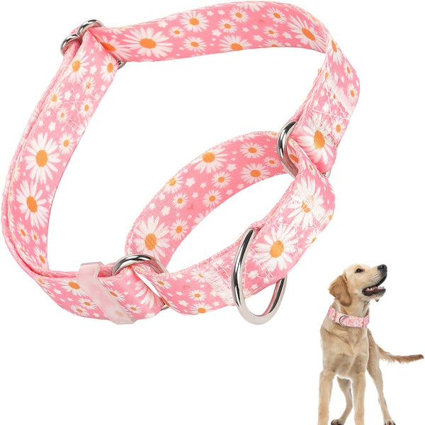 Martingale Collar for Dogs - Medium Large Adjustable Soft Nylon with Pink Daisy Floral Design, No Slip Training Collar