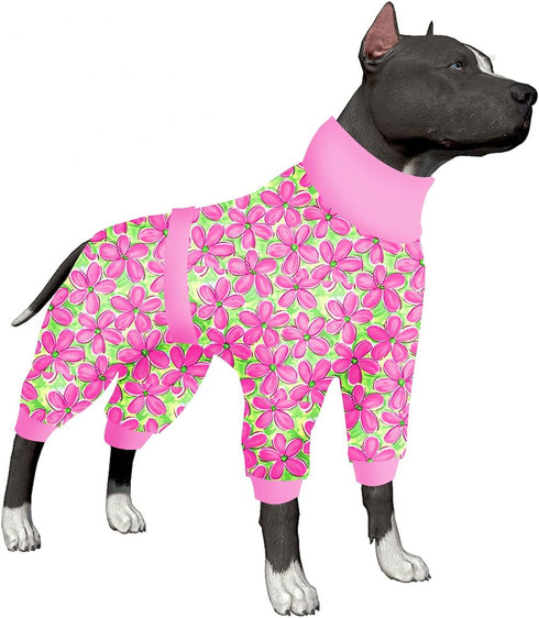LovinPet Pitbull Pet Outfit - Post Surgery Recovery Pajamas for Dogs, Reflective Stripe, Full Coverage Onesie, Pink