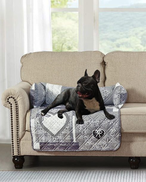 Brilliant Sunshine Grey Heart Love Patchwork Pet Sofa Bed, Quilted, Washable Couch Protector with Removable Bolster,