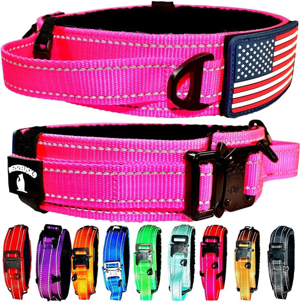 2-Inch Wide Tactical Dog Collar with Control Handle, Adjustable for Medium & Large Dogs, Military Style, USA Flag Patch